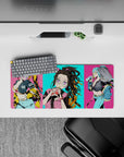 Anime mouse pad 28x12 inches featuring Nezuko from Demon Slayer with neon colors, oversized glasses, and bubble tea.