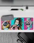 Anime mouse pad 32x12 inches featuring Nezuko with oversized glasses and bubble tea, vibrant cyan and hot pink accents.