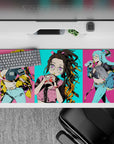 Anime desk pad 36x16 inches featuring Nezuko with oversized glasses and bubble tea, vibrant Tokyo street-style design.