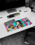 Anime mouse pad 28x12 inches featuring Nezuko with oversized glasses and bubble tea, vibrant neon Tokyo street style.