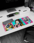 Anime mouse pad 32x12 inches featuring Nezuko with oversized glasses, bubble tea, and vibrant street-style Tokyo fashion.