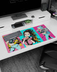 Anime mouse pad 32x16 inches featuring Nezuko with oversized glasses and bubble tea, vibrant Tokyo street style design.