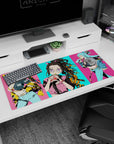 Anime mouse pad 36x16 inches featuring Nezuko from Demon Slayer with neon colors, oversized glasses, and bubble tea.