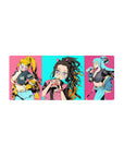Nezuko anime mouse pad, 28x12 inches, featuring vibrant cyan and pink, with street-style characters and bubble tea.