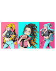 Anime mouse pad 32x16 inches, featuring Nezuko with oversized glasses and bubble tea, vibrant neon Tokyo street style.
