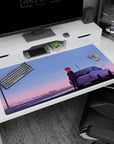 Shy red-haired anime girl by a vintage white coupe desk pad 40x20 inches on a late-night roadtrip scene.