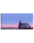32x16 inches anime girl mouse pad with red-haired girl by white coupe on a quiet roadtrip sunset.