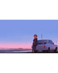 Anime girl desk pad 40x20 inches with red-haired character leaning on classic white coupe at dusk.
