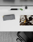 High-contrast 14x10 inches anime mouse pad in smoky blacks and whites with warm brass highlights.