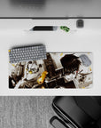 28x12 inches anime mouse pad in smoky black and white with warm brass accents and intense sci-fi mood.