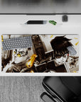 32x16 inches anime mouse pad in smoky blacks and whites with warm brass shell casings, tense cinematic mood.