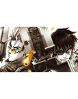 Anime desk pad 40x20 inches with two sci-fi fighters in a gritty cinematic standoff, brass casings flying.