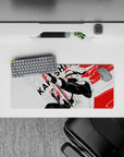 28x12 inches anime desk mat in black and white with fierce red slashes, calm-but-deadly vibe.