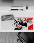 32x12 inches Naruto desk mat in sharp black and white with bold red streaks, intense calm combat vibe.