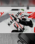 Black and white anime desk pad 40x20 inches with red slash accents, calm-but-deadly vibe, high contrast.