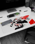 Kakashi Hatake with kunai and Sharingan stare on anime desk pad 36x16 inches, action frame art.