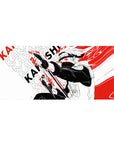 Naruto Kakashi desk pad 36x16 inches with bold black-white art, red slashes, and KAKASHI pattern.