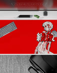40x20 inches mouse pad with Rei Ayanami, showcasing a bold anatomical design on a crimson red background for striking contrast and artistic impact.