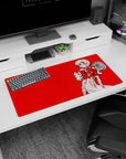 Modern 32x16 inches mouse pad featuring Rei Ayanami, with anatomical design and crimson red background for a striking and eerie anime vibe.