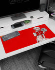 Artistic 36x16 inches mouse pad featuring Rei Ayanami, with an anatomical design and crimson red background for an eerie, avant-garde vibe.