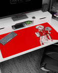 Large 40x20 inches mouse pad featuring Rei Ayanami in an anatomical design against a crimson red backdrop, blending eerie elegance with bold contrast.