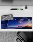 32x12 inches anime mouse pad in deep indigo and soft peach, calm bittersweet dusk vibe with smooth gradients.