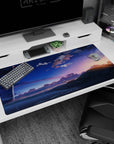 Rocket streak over shimmering shoreline at dusk on anime desk pad 40x20 inches, wide scenic view.