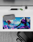 Explosive 28x12 mouse pad featuring Evangelion Unit-01 battling a fearsome Angel, neon purples, electric greens, and fiery reds