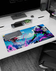 Explosive 32x16 mouse pad showcasing Evangelion Unit-01 and an Angel locked in battle with neon purples, electric greens, and fiery reds