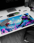 High-energy 40x20 anime desk mat featuring Evangelion Unit-01 locked in combat with a fearsome Angel, neon purples, electric greens, and fiery reds