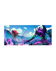 Mecha vs. Kaiju 28x12 mouse pad with Evangelion Unit-01 fighting an Angel, neon purples, electric greens, and fiery reds for an action-packed feel