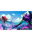 Mecha vs. Kaiju 40x20 desk pad featuring Evangelion Unit-01 in combat against a fearsome Angel, with neon purples, electric greens, and fiery reds