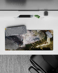 28x12 inches anime mouse pad in dusty greens, ash grays, and sunlit beige with a quiet, intense smoky mood.