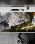 40x20 inches anime desk pad in dusty greens, ash grays, and sunlit beige with a quiet, intense mood.