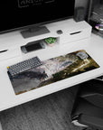 Anime mouse pad 32x12 inches showing tiny travelers nearing a massive circular gate under smoke and ruins.