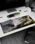 Anime desk pad 36x16 inches showing tiny travelers marching toward a massive circular gate under smoke.