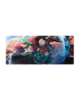 28x12 inch mouse pad featuring Tanjiro and Nezuko Kamado with water and flame elements from Demon Slayer