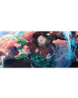 36x16 inch desk pad highlighting Tanjiro and Nezuko Kamado facing enemies with relentless energy