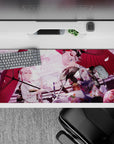 36x16 inches desk pad with Okita Souji and Mysterious Heroine X Alter, capturing their tranquil moment amidst pink petals and serene decor.
