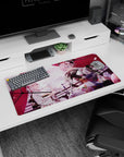 Modern 32x16 inches mouse pad featuring Okita Souji and Mysterious Heroine X Alter from Fate/Grand Order, capturing their beauty under a backdrop of pink petals.