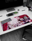 Artistic 36x16 inches desk pad with Okita Souji and Mysterious Heroine X Alter from Fate/Grand Order, blending elegance and tranquility under cherry blossoms.