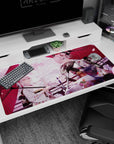 Large 40x20 inches desk pad featuring Okita Souji and Mysterious Heroine X Alter, showcasing their serene moment under pink petals and traditional decor.