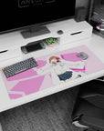 36x16 inches Chika Takami Love Live Sunshine desk pad, grinning in vest and blue plaid skirt.