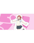 36x16 inches anime girl desk pad with idol pose, hearts backdrop, crisp print for gaming and work.