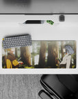 Soft-lit anime mouse pad 32x12 inches in warm golds and cool whites with misty green woods.