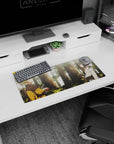 28x12 inches desk mat with Naruto and Sasuke facing off among tall trees, soft light and subtle specks.