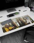 Naruto and Sasuke facing off in a quiet forest on a 36x16 inches anime desk pad, mist and tall trees.