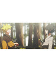 Naruto anime desk pad 36x16 inches with forest encounter scene, soft light, misty green background.