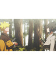 Naruto-inspired anime desk pad 40x20 inches with forest backdrop, soft light, and subtle glow texture.