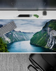 40x20 inches mouse pad with towering fjord cliffs, waterfalls, and reflective emerald waters for a serene and adventurous workspace.